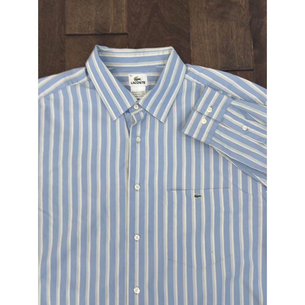 Lacoste Mens Button Down Long Sleeve Blue Striped Shirt Pocket Logo Size 45